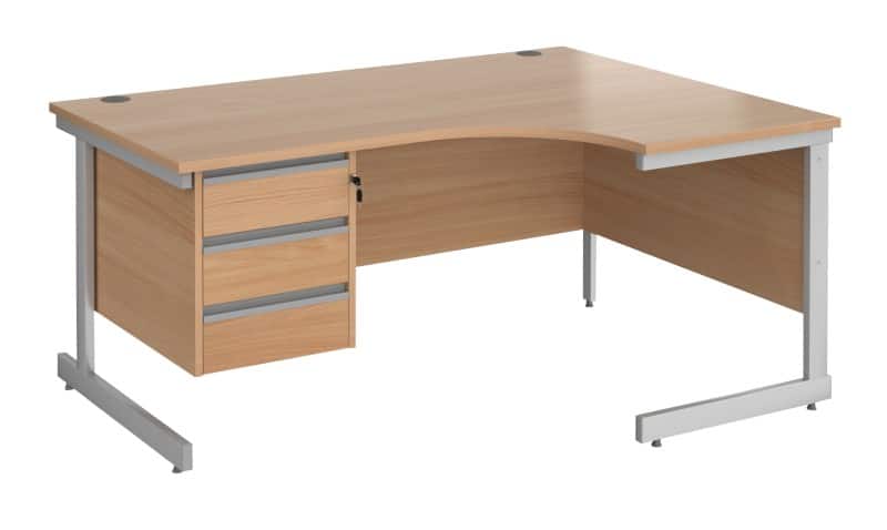 Dams International Contract 25 Right Hand Ergonomic Desk with 3 Lockable Drawers Pedestal and Beech Coloured MFC Top with Silver Frame Cantilever Legs 1,600 x 1,200 x 725 mm