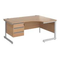 Right Hand Ergonomic Desk with 3 Lockable Drawers Pedestal and Beech Coloured MFC Top with Silver Frame Cantilever Legs Contract 25 1600 x 1200 x 725 mm