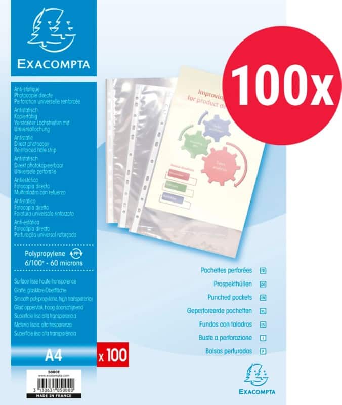 Exacompta Punched Pockets A4 Clear 60 Micron Pack of 100