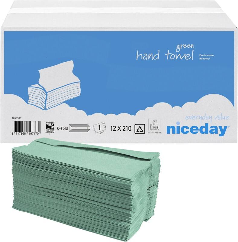 Niceday Hand Towels 1 Ply C-fold Green 210 Sheets Pack of 12