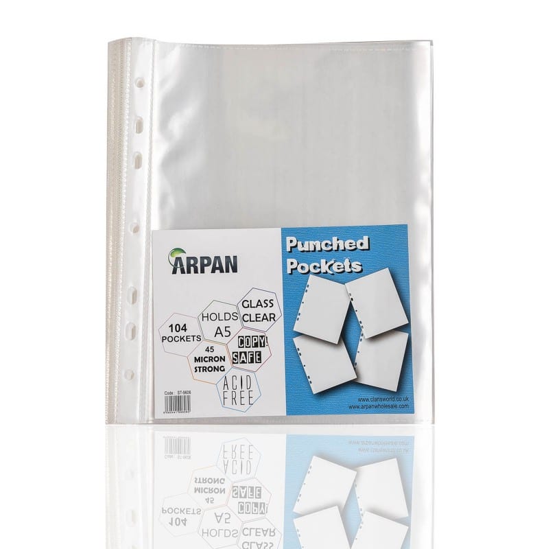 ARPAN Punched Pockets  A5 Clear Transparent 45 microns PP (Polypropylene) 7 Holes ST-9606 Pack of 104