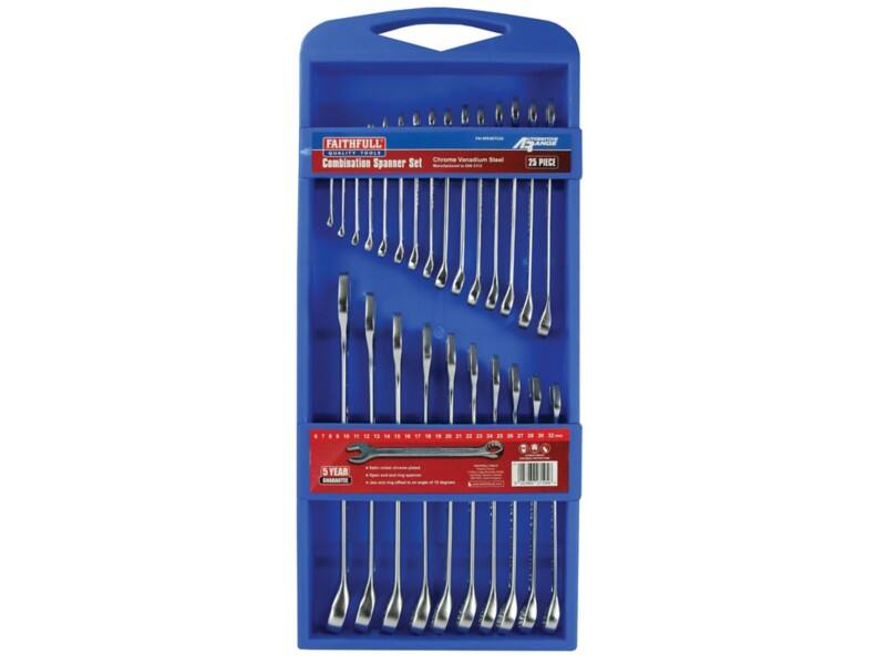 Faithfull SPASETC25 Combination Spanner Set 15° Chrome Vanadium Chrome Plated Pack of 25