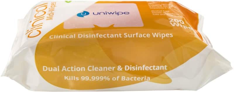 uniwipe Micro-Fibre Fabric Surface Wipes Clinical Disinfectant 200 x 200mm White Pack of 200