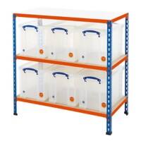 BiGDUG Shelving Unit with 3 Levels and 8 Really Useful Boxes Steel, Melamine, Chipboard 915 x 915 x 455 mm Blue, Orange