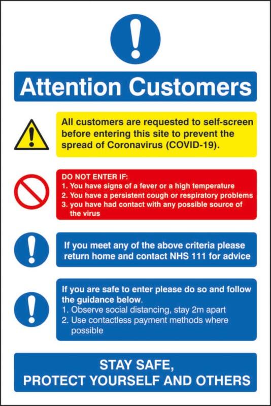 Seco Health and Safety Poster Attention customers Adhesive Cling Film 15 x 20 cm M405WC
