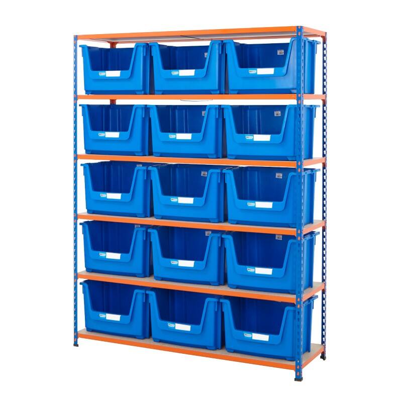 BiGDUG Stacking Pick Bins 6 Shelves Chipboard, Steel 1,525 x 455 x 1,980 mm Blue, Orange