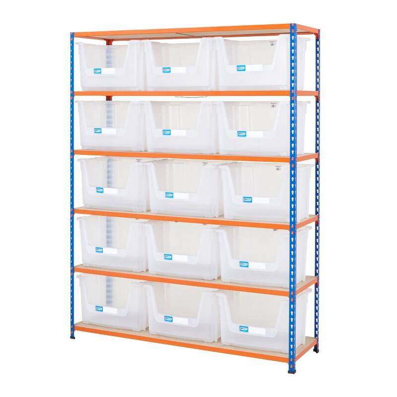 BiGDUG Stacking Pick Bins 6 Shelves Chipboard, Steel 1,525 x 455 x 1,980 mm Blue, Orange