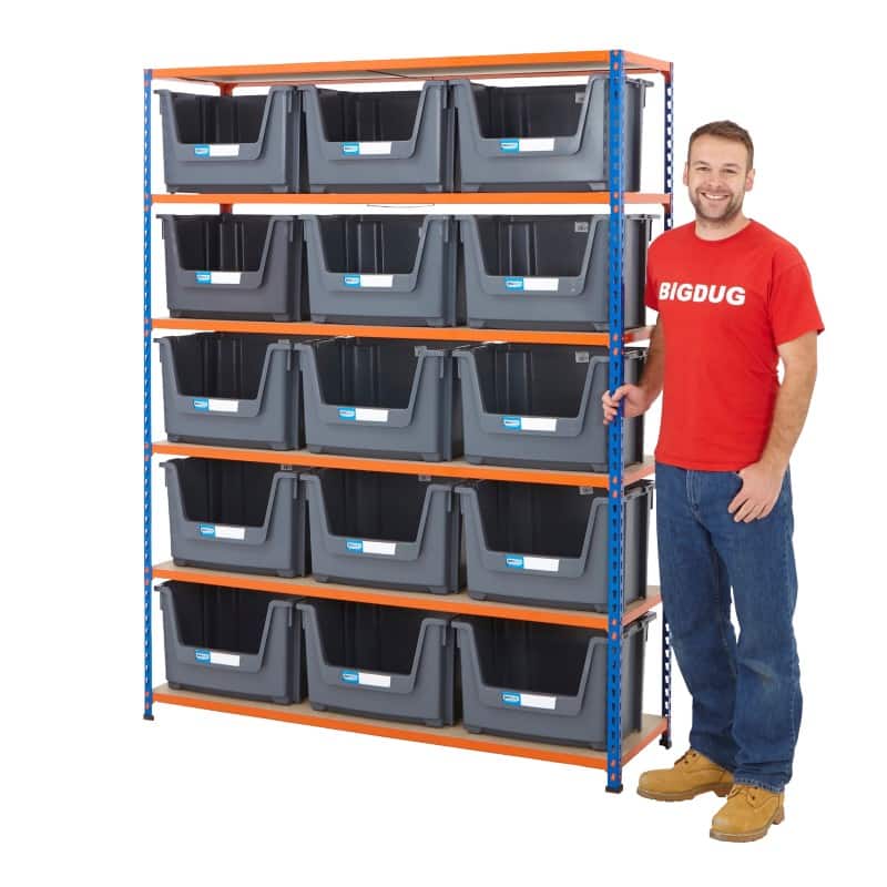BiGDUG Stacking Pick Bins 6 Shelves Chipboard, Steel 1,525 x 455 x 1,980 mm Blue, Orange