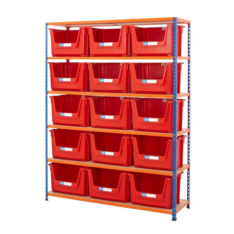 BiGDUG Stacking Pick Bins 6 Shelves Chipboard, Steel 1,525 x 455 x 1,980 mm Blue, Orange