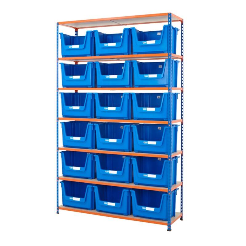 BiGDUG Stacking Pick Bins 7 Shelves Chipboard, Steel 1,525 x 455 x 2,440 mm Blue, Orange