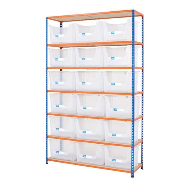 BiGDUG Stacking Pick Bins 7 Shelves Chipboard, Steel 1,525 x 455 x 2,440 mm Blue, Orange