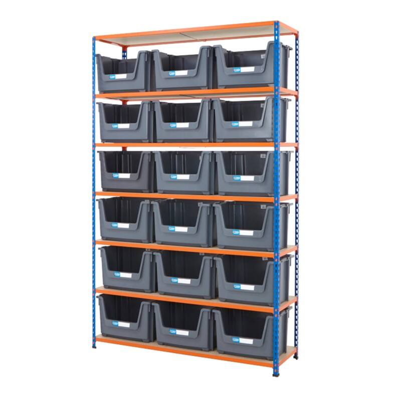 BiGDUG Stacking Pick Bins 7 Shelves Chipboard, Steel 1,525 x 455 x 2,440 mm Blue, Orange
