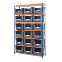 BiGDUG Premium Large Stacking Pick Bin Kit with 7 Levels and 18 Grey Bins Chipboard, Steel 2440 x 1525 x 455 mm Blue, Orange