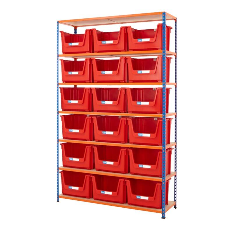 BiGDUG Stacking Pick Bins 7 Shelves Chipboard, Steel 1,525 x 455 x 2,440 mm Blue, Orange