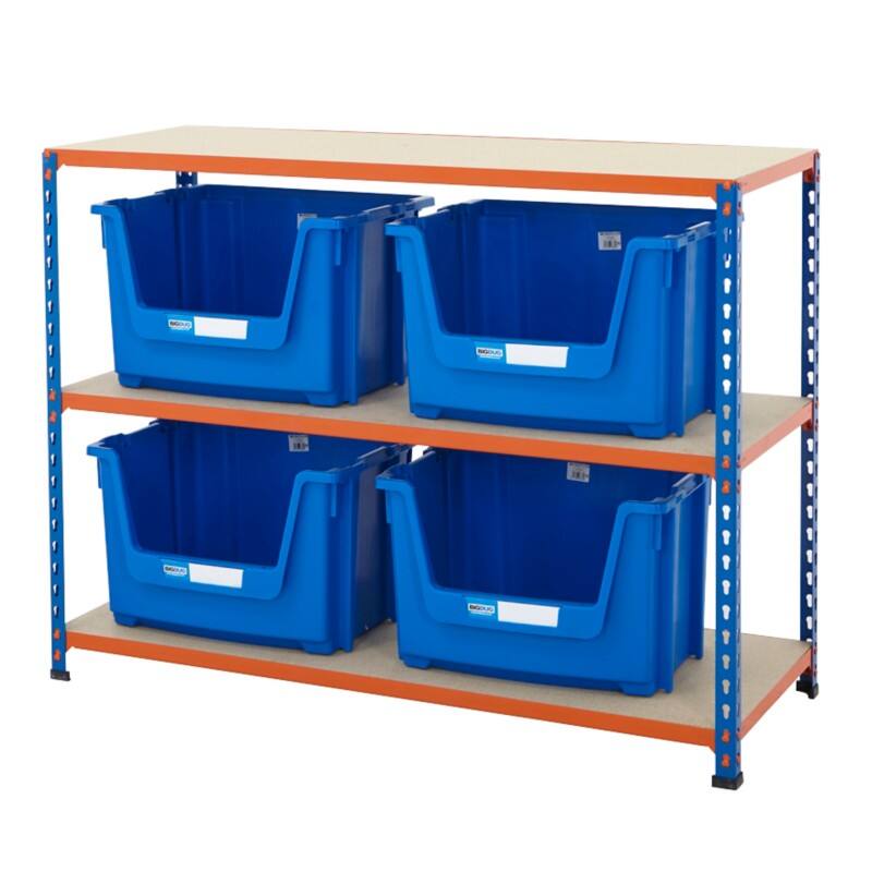 BiGDUG Stacking Pick Bins 3 Shelves Chipboard, Steel 1,220 x 455 x 915 mm Blue, Orange
