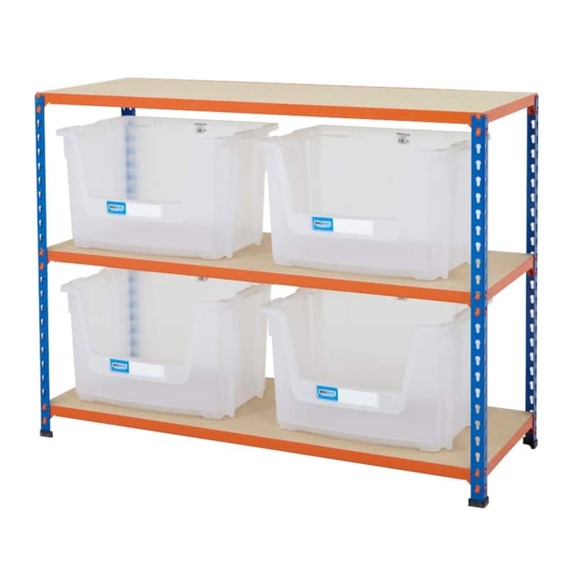 BiGDUG Stacking Pick Bins 3 Shelves Chipboard, Steel 1,220 x 455 x 915 mm Blue, Orange