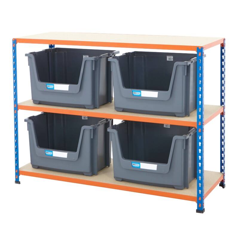 BiGDUG Stacking Pick Bins 3 Shelves Chipboard, Steel 1,220 x 455 x 915 mm Blue, Orange