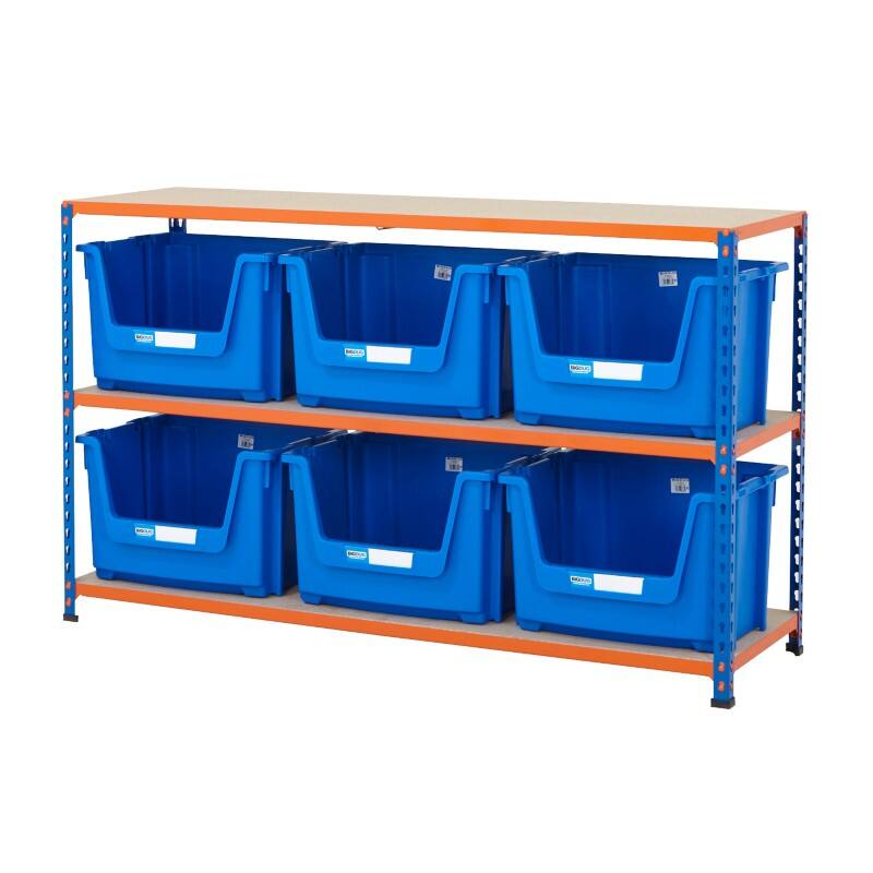 BiGDUG Stacking Pick Bins 3 Shelves Chipboard, Steel 1,525 x 455 x 915 mm Blue, Orange