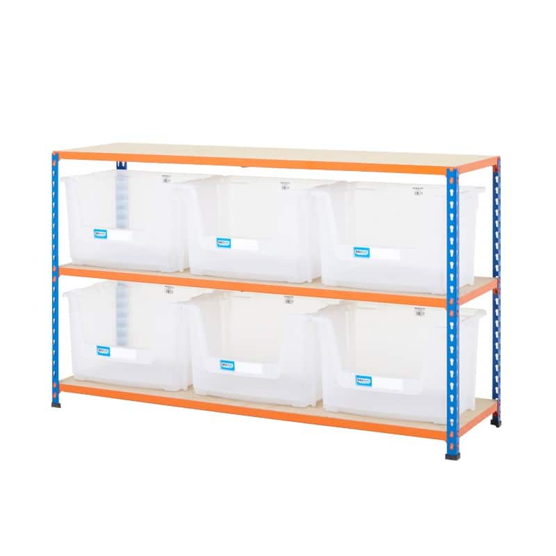 BiGDUG Stacking Pick Bins 3 Shelves Chipboard, Steel 1,525 x 455 x 915 mm Blue, Orange