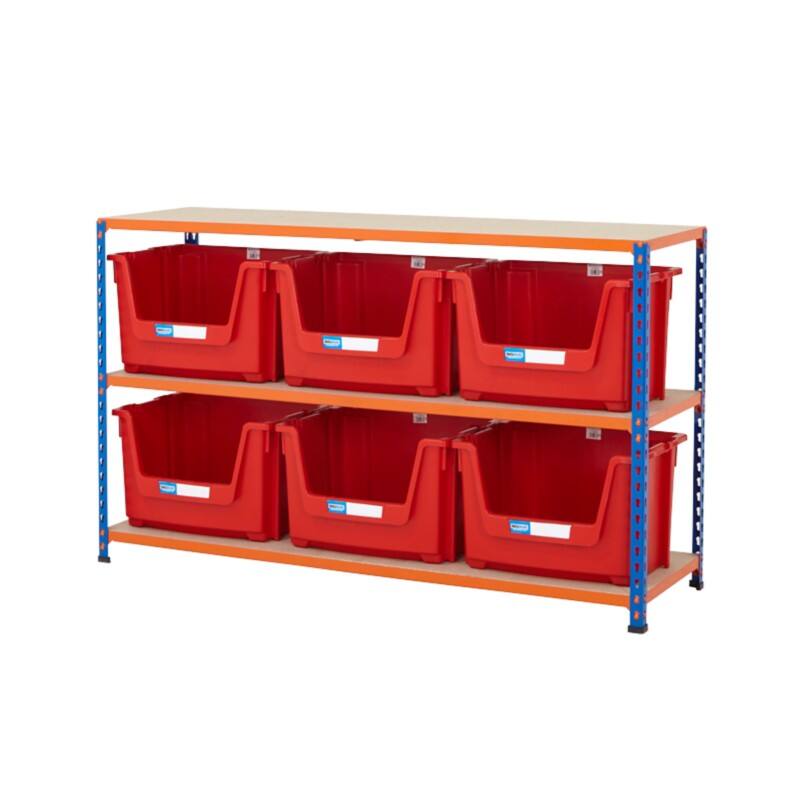 BiGDUG Stacking Pick Bins 3 Shelves Chipboard, Steel 1,525 x 455 x 915 mm Blue, Orange