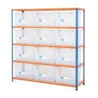 BiGDUG Premium Large Stacking Pick Bin Kit with 5 Levels and 12 Transparent Bins Steel, Chipboard 1600 x 1525 x 455 mm Blue, Orange