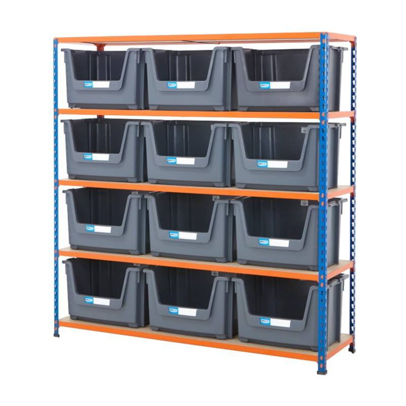 BiGDUG Stacking Pick Bins 5 Shelves Chipboard, Steel 1,525 x 455 x 1,600 mm Blue, Orange
