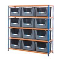 BiGDUG Premium Large Stacking Pick Bin Kit with 5 Levels and 12 Grey Bins Steel, Chipboard 1600 x 1525 x 455 mm Blue, Orange