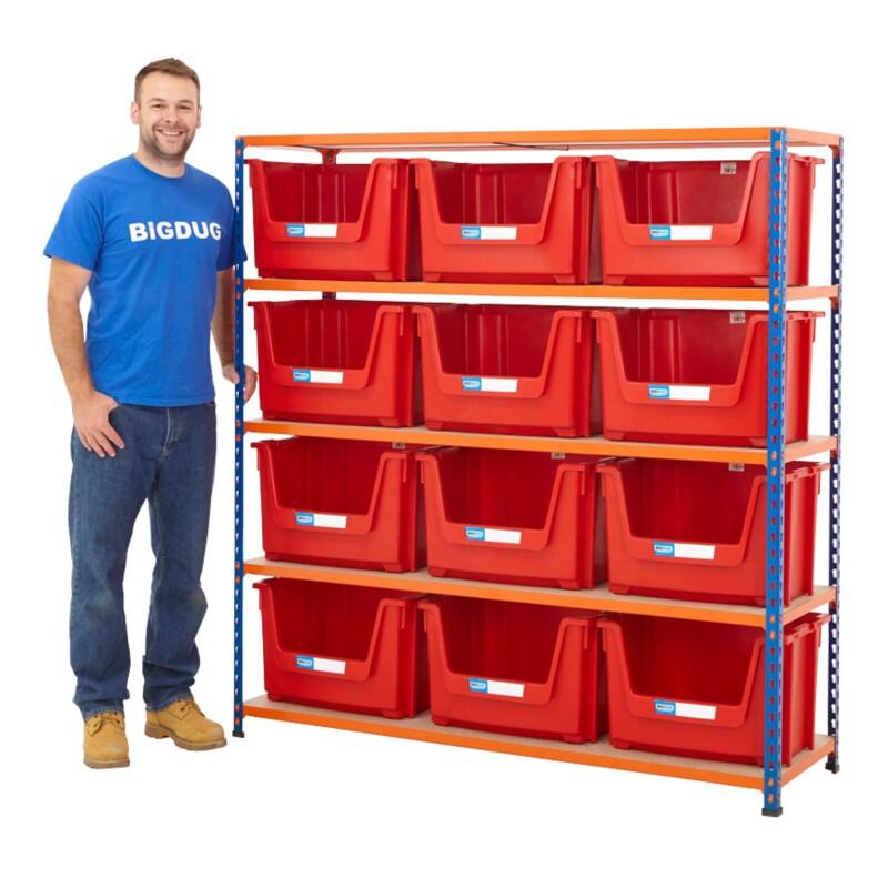 BiGDUG Stacking Pick Bins 5 Shelves Chipboard, Steel 1,525 x 455 x 1,600 mm Blue, Orange