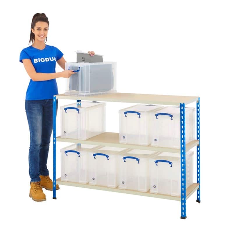 BiGDUG Shelving Unit 3 Shelves Melamine, Particle Board, Steel 1,220 x 455 x 915 mm Blue, Grey