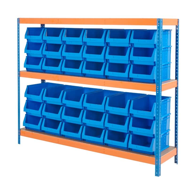 BiGDUG Bin Shelving Unit 3 Shelves Chipboard, Steel 1,800 x 450 x 1,500 mm Blue, Orange