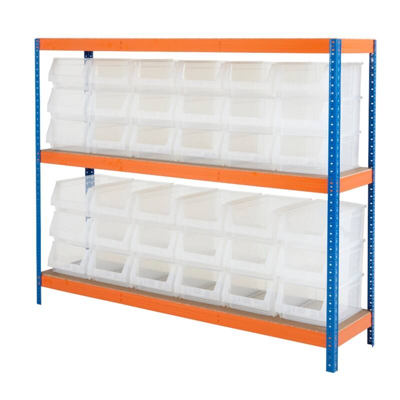 BiGDUG Bin Shelving Unit 3 Shelves Chipboard, Steel 1,800 x 450 x 1,500 mm Blue, Orange