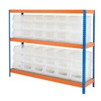 BiGDUG Industrial Shelving Bin Kit with 3 Levels and 36 Transparent Bins Chipboard, Steel 1500 x 1800 x 450 mm Blue, Orange