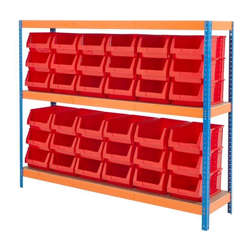 BiGDUG Bin Shelving Unit 3 Shelves Chipboard, Steel 1,800 x 450 x 1,500 mm Blue, Orange
