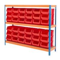 BiGDUG Industrial Shelving Bin Kit with 3 Levels and 36 Red Bins Chipboard, Steel 1500 x 1800 x 450 mm Blue, Orange