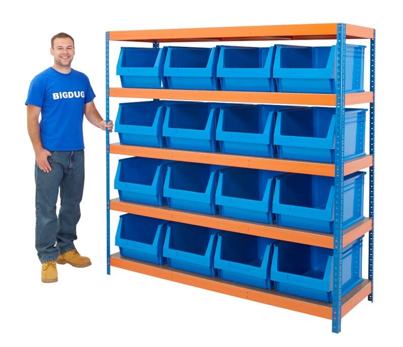 BiGDUG Bin Shelving Unit 5 Shelves Chipboard, Steel 1,800 x 600 x 1,780 mm Blue, Orange