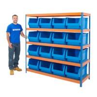 BiGDUG Industrial Shelving Bin Kit with 5 Levels and 16 Blue Bins Steel, Chipboard 1780 x 1800 x 600 mm Blue, Orange
