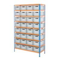 BiGDUG Shelving Unit with 9 Levels and 32 x 15 L Containers Chipboard, Steel 1980 x 1220 x 455 mm Blue, Orange