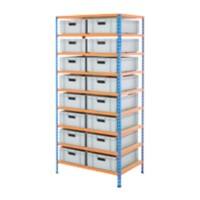 BiGDUG Shelving Unit with 9 Levels and 16 x 30 L Containers Chipboard, Steel 1980 x 915 x 610 mm Blue, Orange