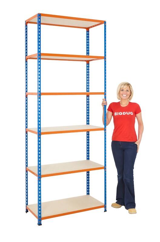 BiGDUG Shelving Unit 6 Shelves Chipboard, Steel 1,220 x 305 x 2,440 mm Blue, Orange
