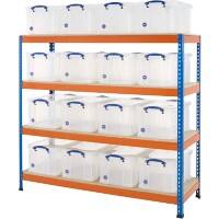 BiGDUG Shelving Unit with 4 Levels and 16 Really Useful Boxes Steel, Chipboard 1987 x 1830 x 610 mm Blue, Orange