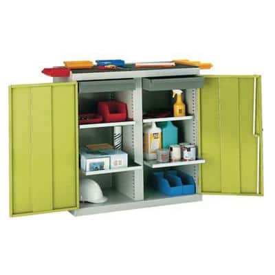 SLINGSBY Double Door Cupboard with 4 Drawers and 2 Shelves Steel Light Grey, Green 1,000 x 500 x 1,000 mm