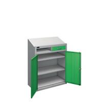 SLINGSBY Sloping Top Workstation with 1 Drawer and 1 Cupboard Steel Green 915 x 450 x 1190 mm