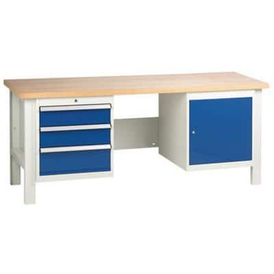 SLINGSBY Medium Duty Workbench with 1 Cupboard and 3 Drawers Steel Grey, Blue 650 x 2040 x 850 mm