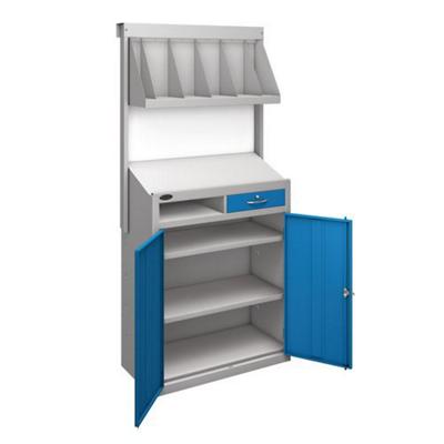 SLINGSBY Sloping Top Workstation with 1 Cupboard, 1 Drawer and 1 Shelf Steel Grey, Blue 965 x 460 x 1970 mm