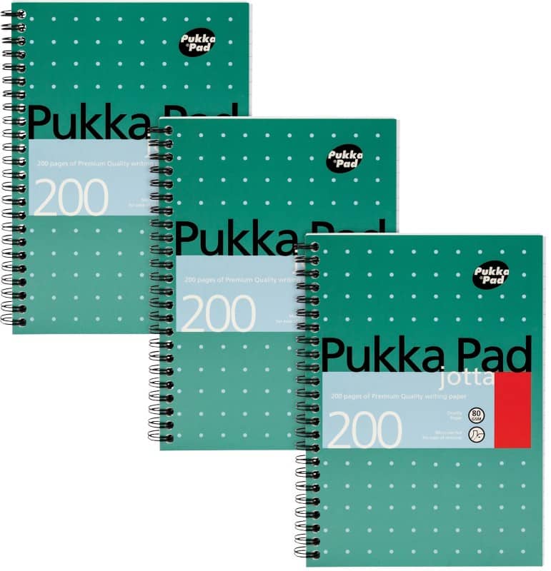 Pukka pad notebook metallic jotta a5 ruled spiral bound cardboard hardback green perforated 200 pages pack of 3