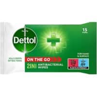 Dettol Antibacterial Wipes 2-in-1 Hands and Surfaces White, Green Pack of 15