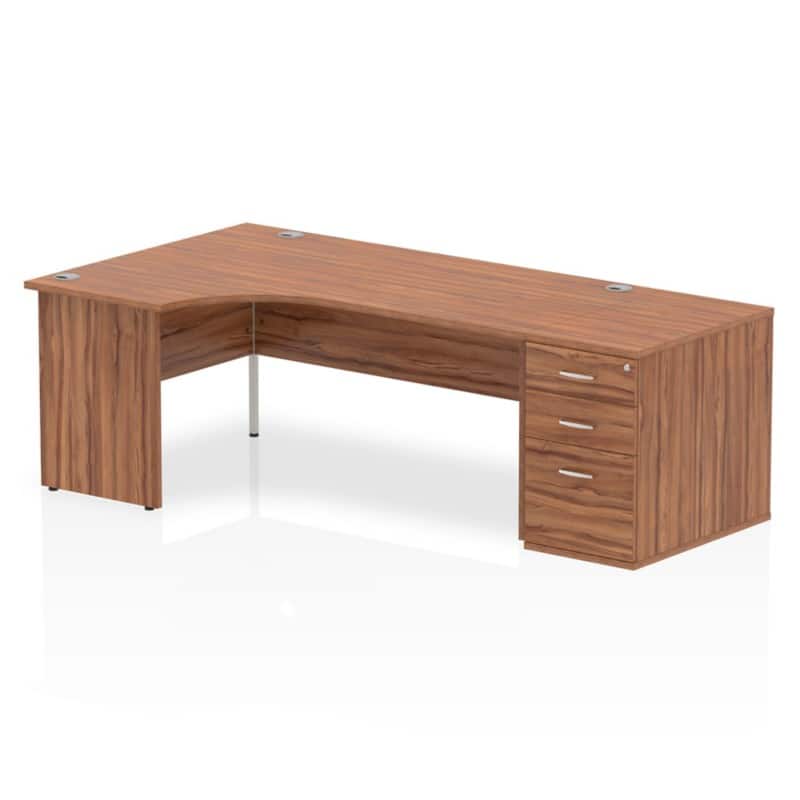 dynamic Impulse Left Hand Desk Corner Walnut Base panel 3 Drawers 1 Pedestal 2,230 (W) x 1,200 (D) x 730 (H) mm MFC (Melamine Faced Chipboard)