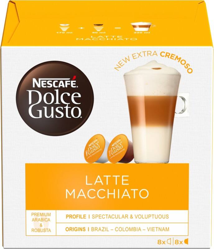 Nescafã‰ dolce gusto caffeinated ground coffee pods box latte macchiato 34. 4 g pack of 8 x coffee + 8 x milk pods