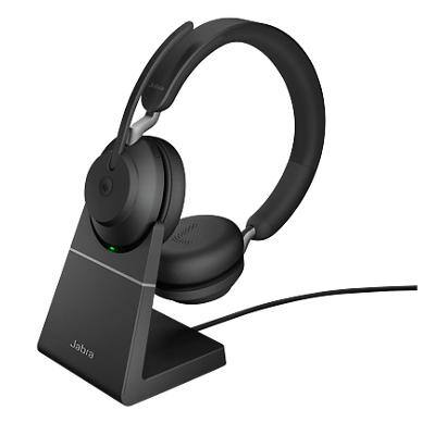 Jabra Evolve2 65 Wireless Stereo Headset with Charging Stand Over the Head Noise Cancelling Bluetooth, USB Type-A with Microphone Black