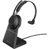 Jabra Evolve2 65 Wireless Mono Headset with Charging Stand Over the Head Noise Cancelling Bluetooth with Microphone Black